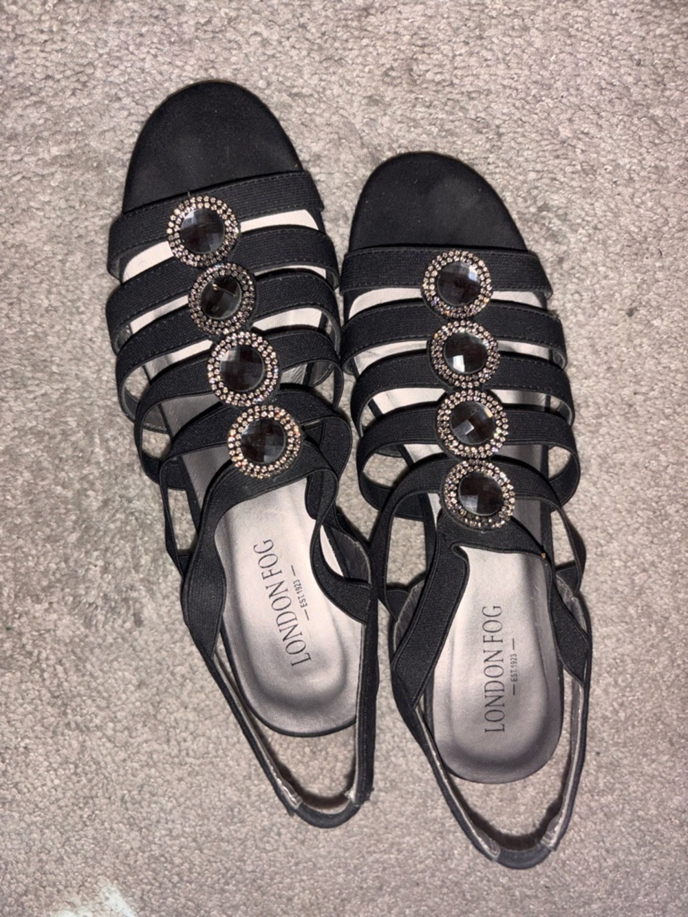 London Fog Black Strappy Sandals with Gem Accents